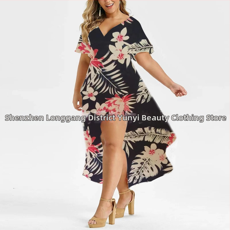 Gėlėta suknelė su V iškirpte, vidutinio ilgio, nelygus kraštas su įpjova, poliesterio audinys, dvipusiai audiniai — Pavasaris 2023