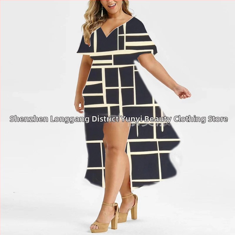 Gėlėta suknelė su V iškirpte, vidutinio ilgio, nelygus kraštas su įpjova, poliesterio audinys, dvipusiai audiniai — Pavasaris 2023