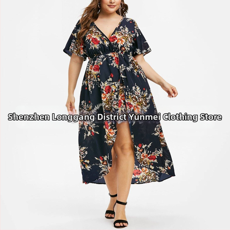 Gėlėta suknelė su V iškirpte, vidutinio ilgio, nelygus kraštas su įpjova, poliesterio audinys, dvipusiai audiniai — Pavasaris 2023