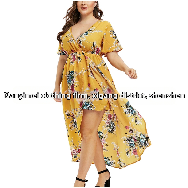 Gėlėta suknelė su V iškirpte, vidutinio ilgio, nelygus kraštas su įpjova, poliesterio audinys, dvipusiai audiniai — Pavasaris 2023