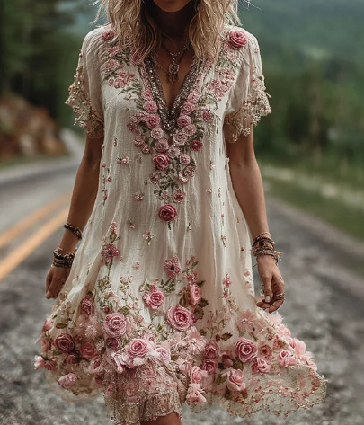 Moteriška 3D gėlių spausdinta suknelė, A linijos siluetas, V kaklas, trumpomis rankovėmis, trumpa suknelė, puloverio stiliaus, linų ir poliesterio audinys