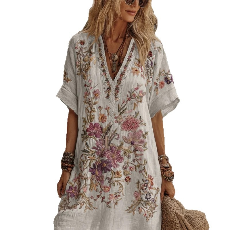 Moteriška 3D gėlių spausdinta suknelė, A linijos siluetas, V kaklas, trumpomis rankovėmis, trumpa suknelė, puloverio stiliaus, linų ir poliesterio audinys