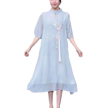 Etninio stiliaus vintage šifono midi suknelė su siuvinėjimu, mygtukinis apykaklė, 3/4 rankovės, laisvas liemuo