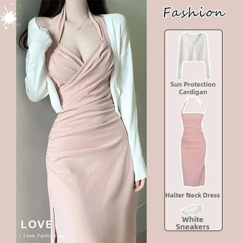 Halterio kaklo suknelė su aukštu juosmeniu, A linija, vidutinio ilgio, dviejų dalių komplektas