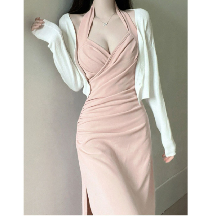 Halterio kaklo suknelė su aukštu juosmeniu, A linija, vidutinio ilgio, dviejų dalių komplektas