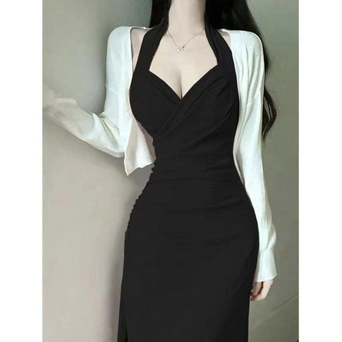 Halterio kaklo suknelė su aukštu juosmeniu, A linija, vidutinio ilgio, dviejų dalių komplektas