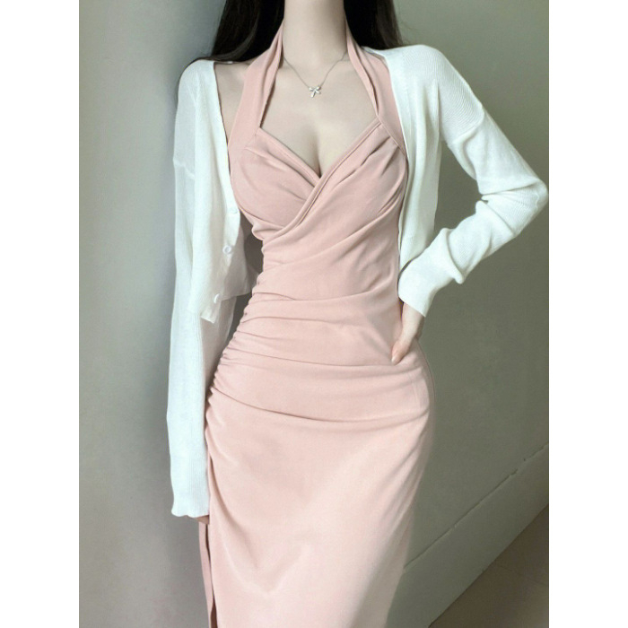 Halterio kaklo suknelė su aukštu juosmeniu, A linija, vidutinio ilgio, dviejų dalių komplektas