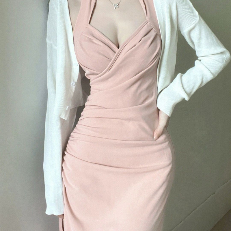 Halterio kaklo suknelė su aukštu juosmeniu, A linija, vidutinio ilgio, dviejų dalių komplektas