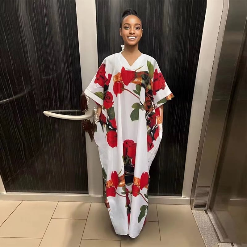 Ženska haljina s V-izrezom, duga, A-linija silueta, poliestersko-elastanska smjesa, 3/4 rukav