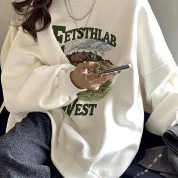 Bijeli ženski sweatshirt u američkom retro stilu, debeli flis unutrašnjost, zimcka ležerna silueta, okrugli izrez, velika veličina, hongkonški retro šik