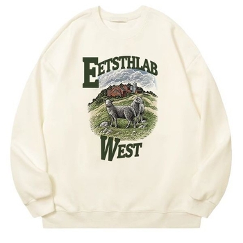 Bijeli ženski sweatshirt u američkom retro stilu, debeli flis unutrašnjost, zimcka ležerna silueta, okrugli izrez, velika veličina, hongkonški retro šik