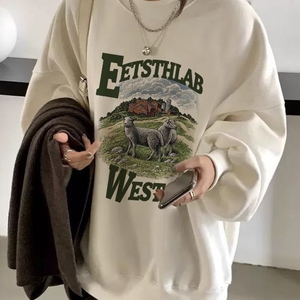 Bijeli ženski sweatshirt u američkom retro stilu, debeli flis unutrašnjost, zimcka ležerna silueta, okrugli izrez, velika veličina, hongkonški retro šik