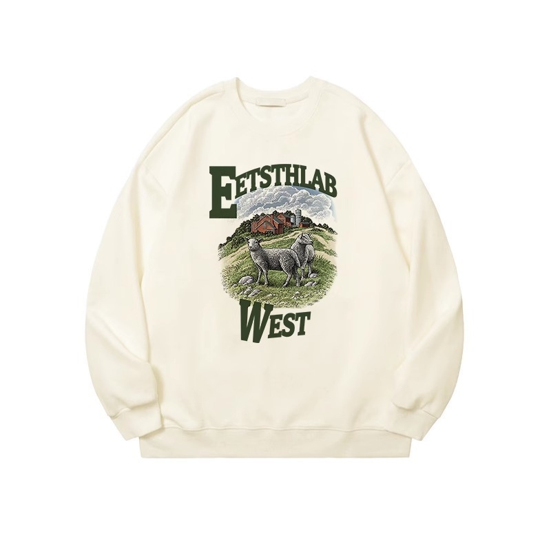 Bijeli ženski sweatshirt u američkom retro stilu, debeli flis unutrašnjost, zimcka ležerna silueta, okrugli izrez, velika veličina, hongkonški retro šik