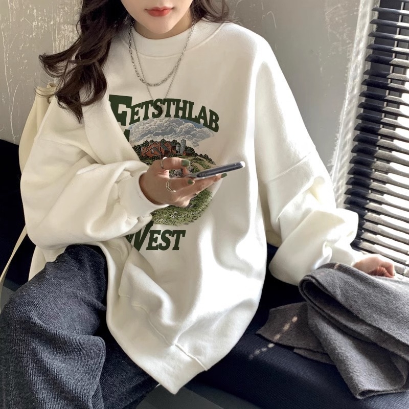Bijeli ženski sweatshirt u američkom retro stilu, debeli flis unutrašnjost, zimcka ležerna silueta, okrugli izrez, velika veličina, hongkonški retro šik