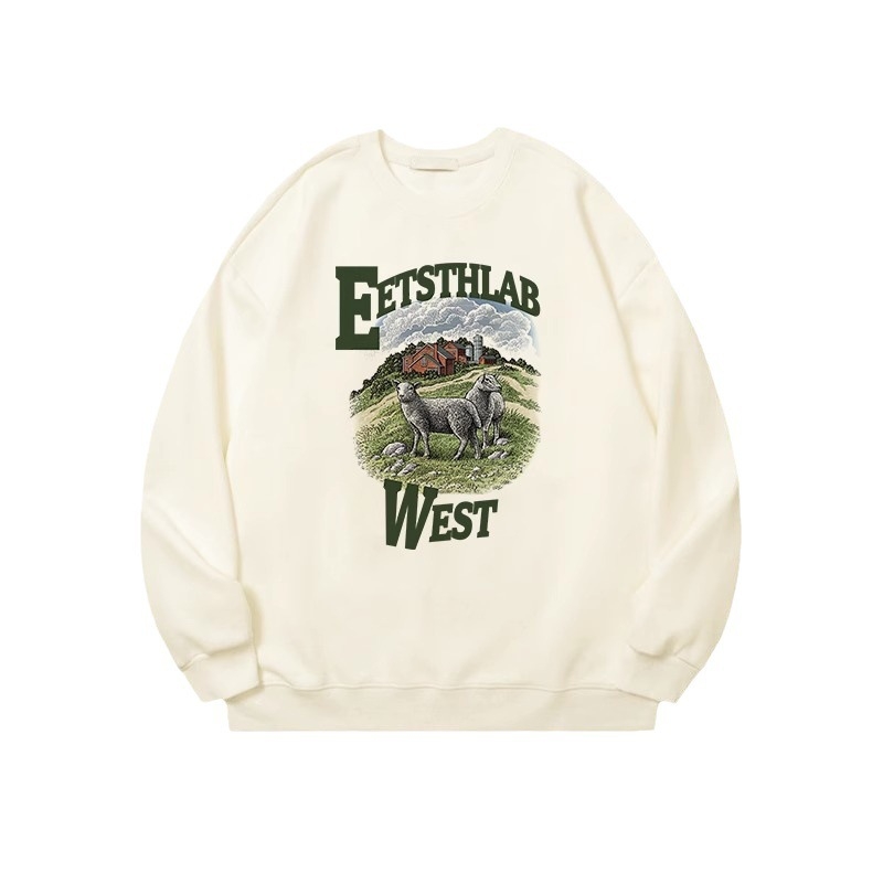 Bijeli ženski sweatshirt u američkom retro stilu, debeli flis unutrašnjost, zimcka ležerna silueta, okrugli izrez, velika veličina, hongkonški retro šik