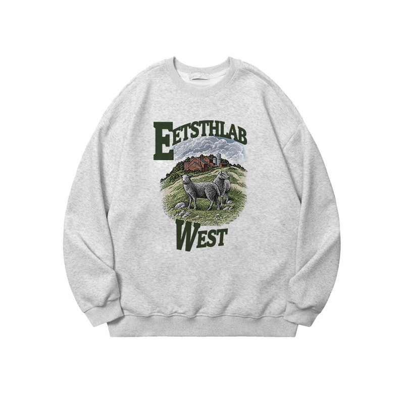 Bijeli ženski sweatshirt u američkom retro stilu, debeli flis unutrašnjost, zimcka ležerna silueta, okrugli izrez, velika veličina, hongkonški retro šik