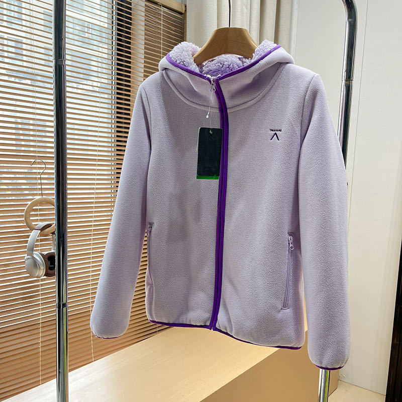 Sievietēm paredzēta fleece jaka – kapucēta kardigans ar dubulto samta oderi, papildu siltums, kontrasts raksts