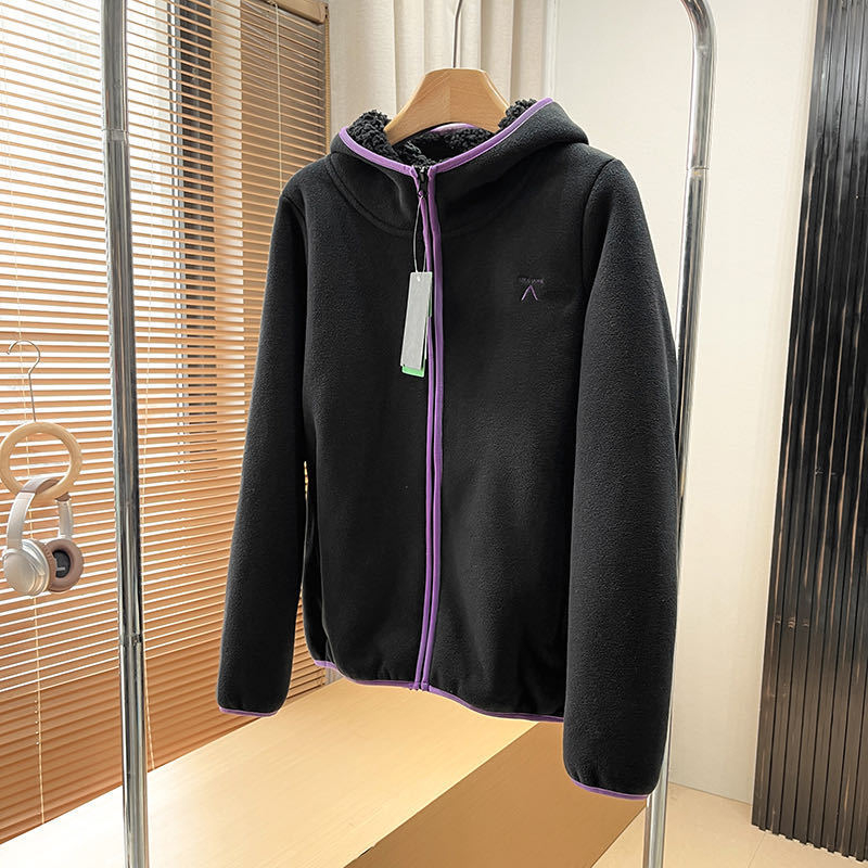 Sievietēm paredzēta fleece jaka – kapucēta kardigans ar dubulto samta oderi, papildu siltums, kontrasts raksts