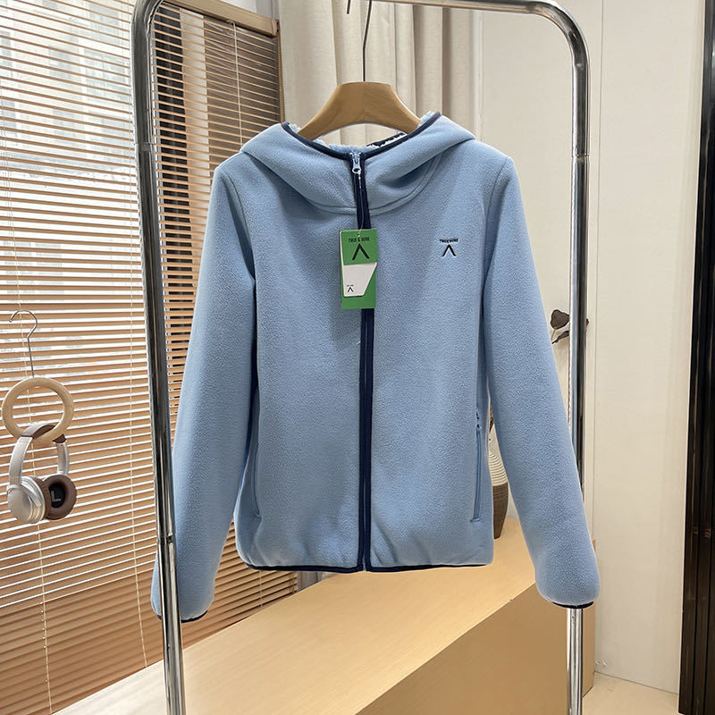 Sievietēm paredzēta fleece jaka – kapucēta kardigans ar dubulto samta oderi, papildu siltums, kontrasts raksts