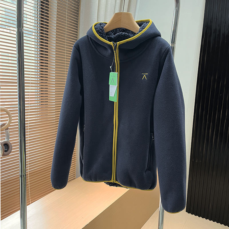 Sievietēm paredzēta fleece jaka – kapucēta kardigans ar dubulto samta oderi, papildu siltums, kontrasts raksts