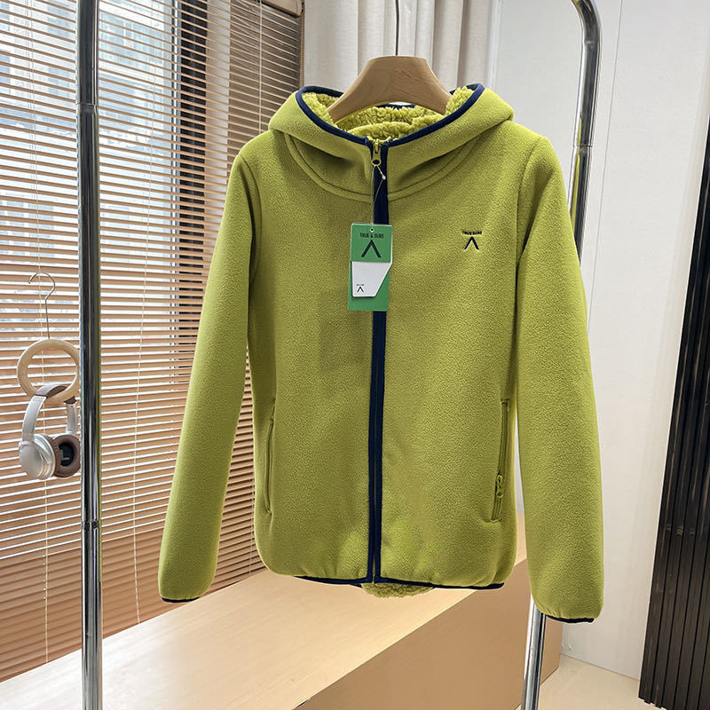 Sievietēm paredzēta fleece jaka – kapucēta kardigans ar dubulto samta oderi, papildu siltums, kontrasts raksts