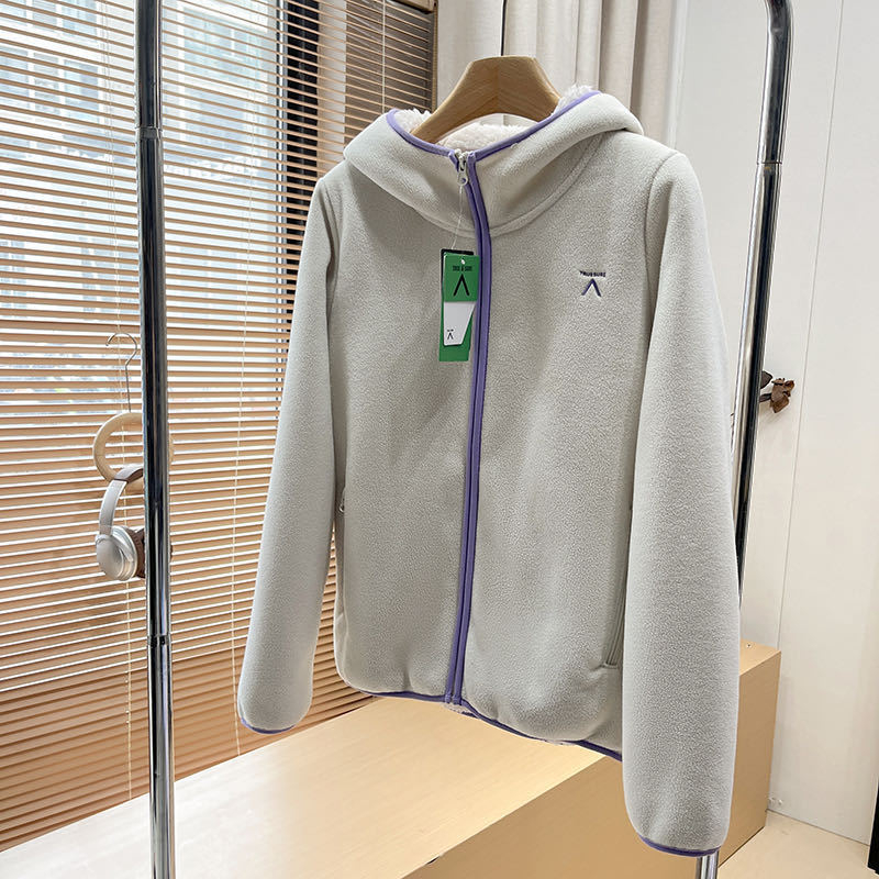 Sievietēm paredzēta fleece jaka – kapucēta kardigans ar dubulto samta oderi, papildu siltums, kontrasts raksts