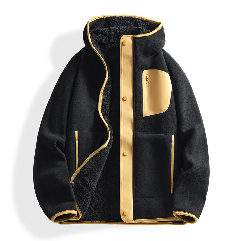 Unisex kapucēts flīsa kardigans ar dubultu velūra iekšpusi, bieza poliestera flīse