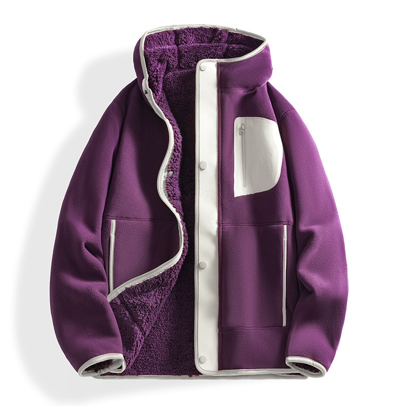 Unisex kapucēts flīsa kardigans ar dubultu velūra iekšpusi, bieza poliestera flīse