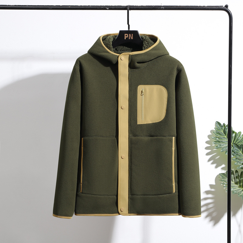 Unisex kapucēts flīsa kardigans ar dubultu velūra iekšpusi, bieza poliestera flīse