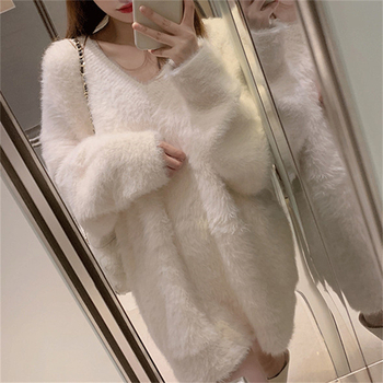 Damski pulover od imitacije mink velura, korejski stil, V-izrez, slobodan kroj, dugi rukavi