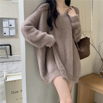 Damski pulover od imitacije mink velura, korejski stil, V-izrez, slobodan kroj, dugi rukavi