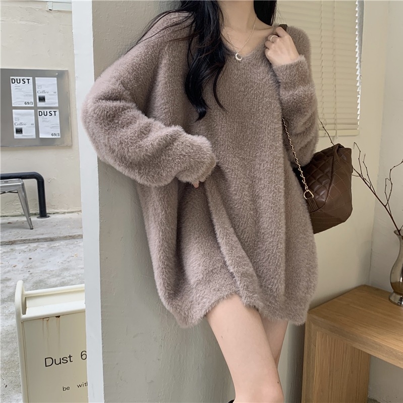 Damski pulover od imitacije mink velura, korejski stil, V-izrez, slobodan kroj, dugi rukavi