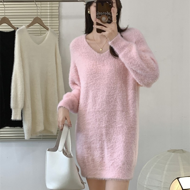 Damski pulover od imitacije mink velura, korejski stil, V-izrez, slobodan kroj, dugi rukavi