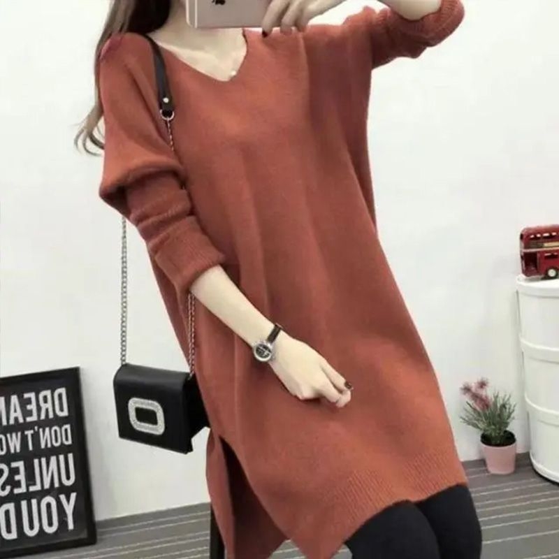 Ljubičasti V-izrez oversize ženski džemper, Plus Size, srednje duljine, pokriva bokove, pleteni