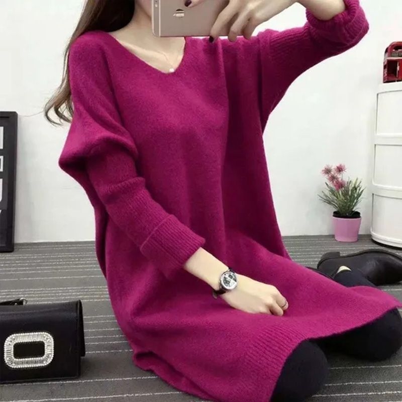 Ljubičasti V-izrez oversize ženski džemper, Plus Size, srednje duljine, pokriva bokove, pleteni