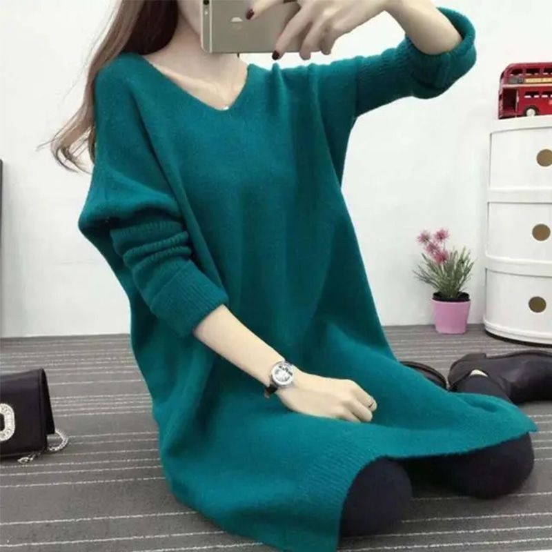 Ljubičasti V-izrez oversize ženski džemper, Plus Size, srednje duljine, pokriva bokove, pleteni