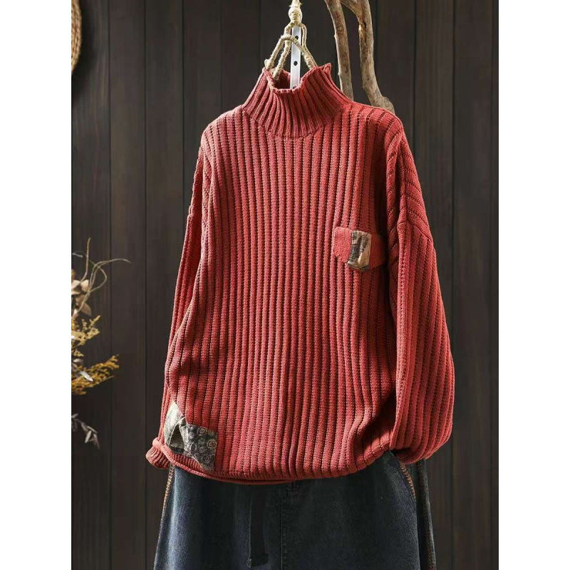 Patchwork pulóver, magas gallér, raglán ujjak, laza szabás, pamut fonalból készült