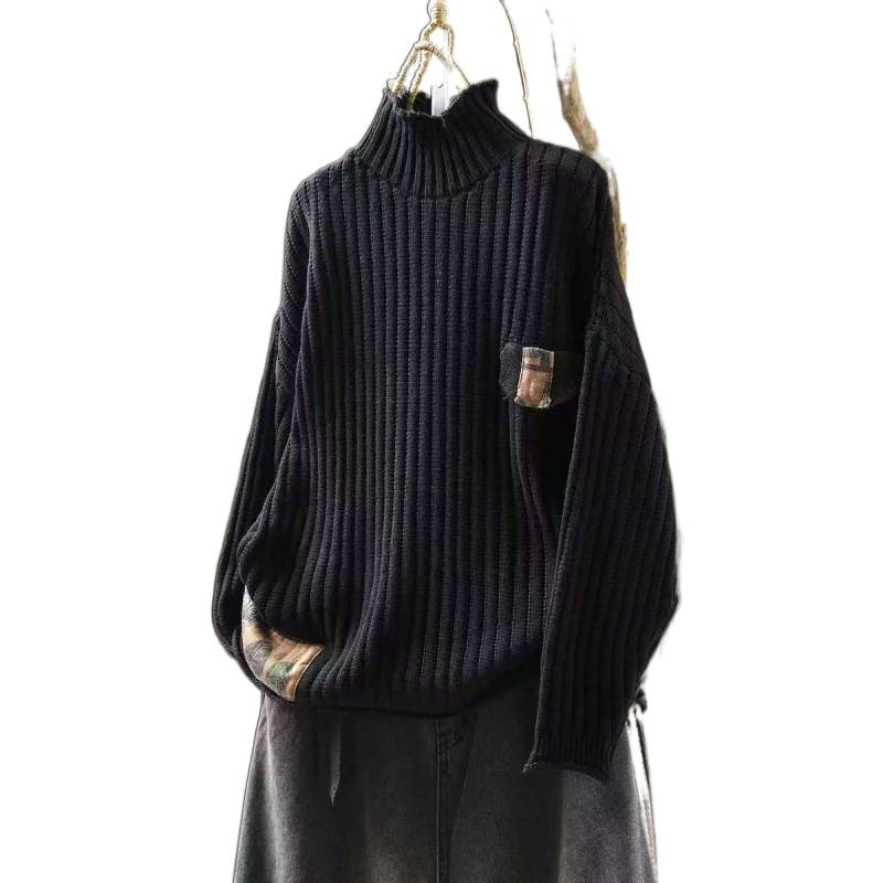 Patchwork pulóver, magas gallér, raglán ujjak, laza szabás, pamut fonalból készült