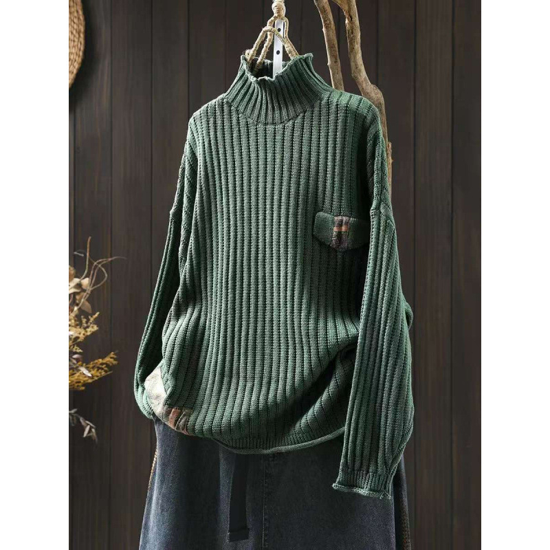 Patchwork pulóver, magas gallér, raglán ujjak, laza szabás, pamut fonalból készült