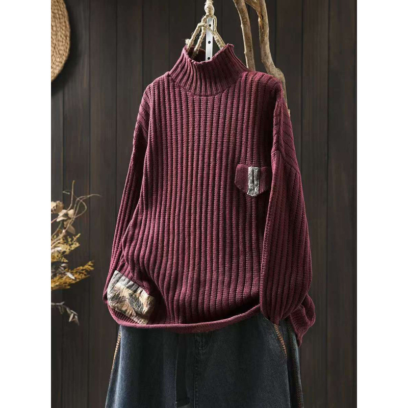 Patchwork pulóver, magas gallér, raglán ujjak, laza szabás, pamut fonalból készült