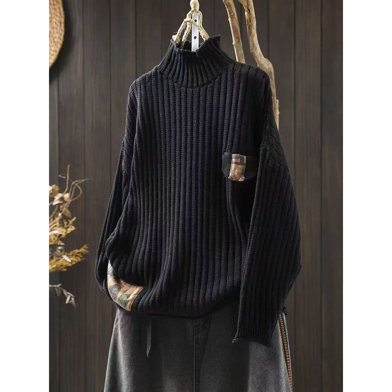 Patchwork pulóver, magas gallér, raglán ujjak, laza szabás, pamut fonalból készült