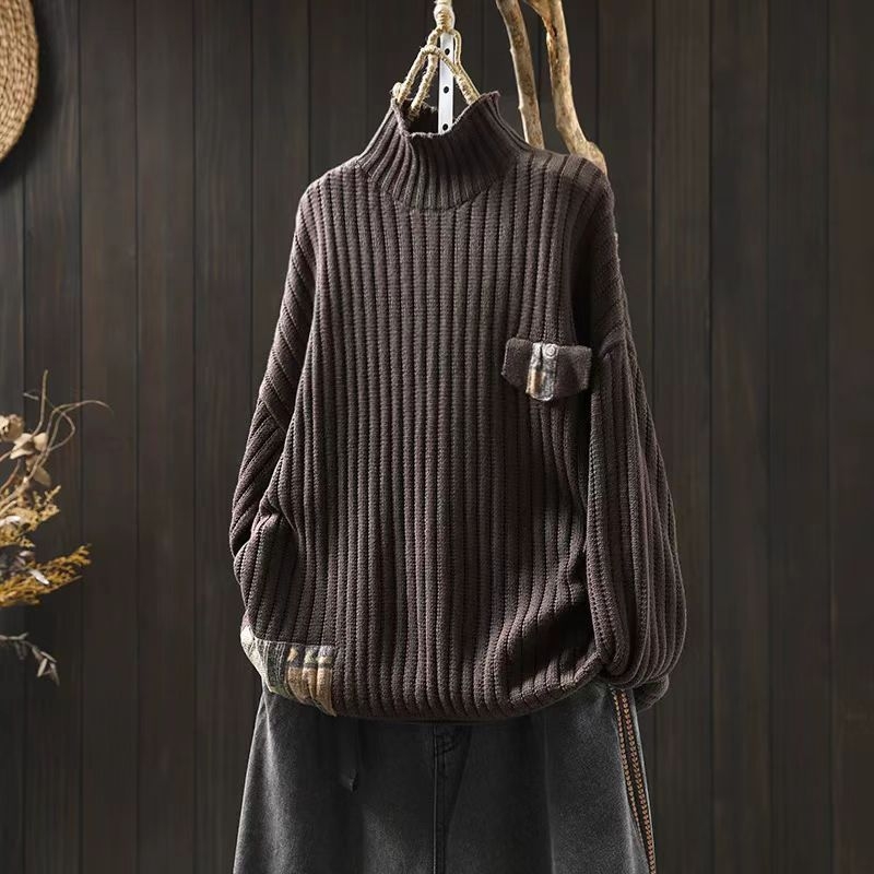 Patchwork pulóver, magas gallér, raglán ujjak, laza szabás, pamut fonalból készült