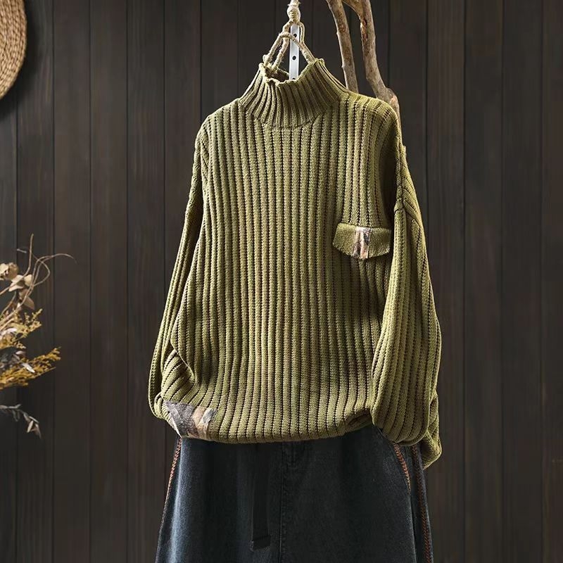 Patchwork pulóver, magas gallér, raglán ujjak, laza szabás, pamut fonalból készült