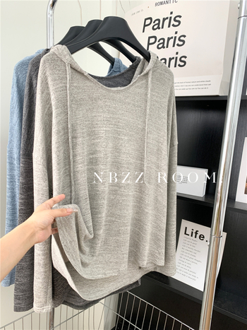 Плетен топ с качулка, корейски стил, свободен крой, дълги ръкави, есен 2024