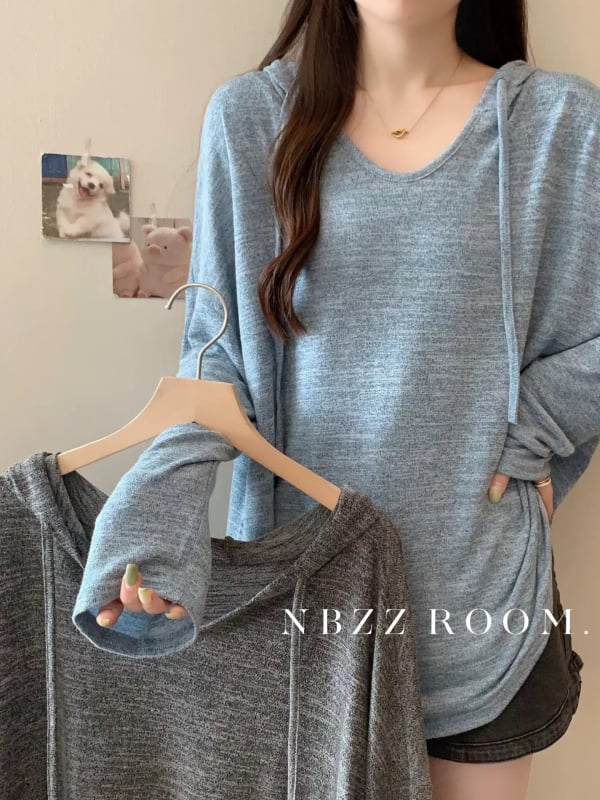 Плетен топ с качулка, корейски стил, свободен крой, дълги ръкави, есен 2024