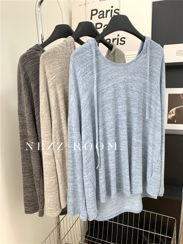 Плетен топ с качулка, корейски стил, свободен крой, дълги ръкави, есен 2024