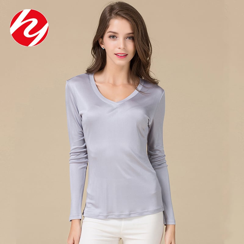 Тениска от Mulberry коприна, плетена двустранна, V-образно деколте, дълги ръкави, свободен силует, дължина 50–65 см