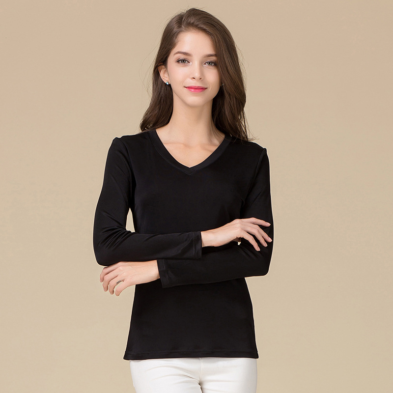 Тениска от Mulberry коприна, плетена двустранна, V-образно деколте, дълги ръкави, свободен силует, дължина 50–65 см