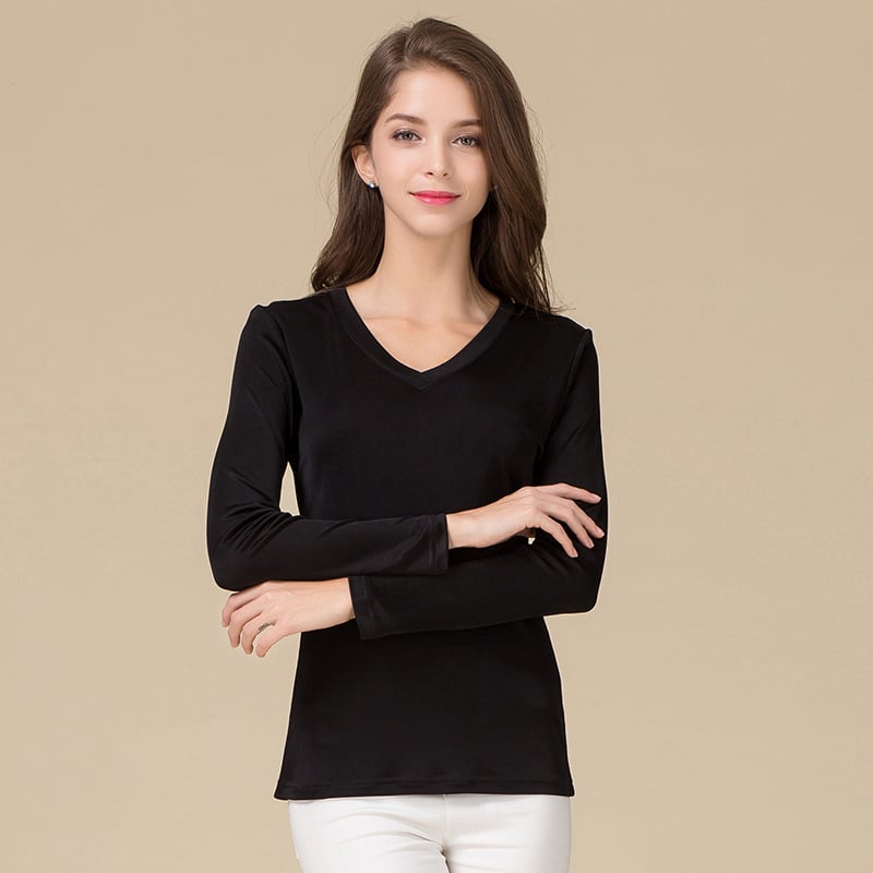 Тениска от Mulberry коприна, плетена двустранна, V-образно деколте, дълги ръкави, свободен силует, дължина 50–65 см