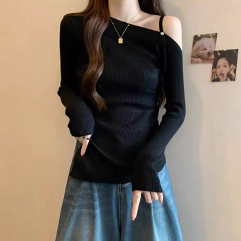 Тениска с плетен дизайн за есенно-зимно време, вискозна материя, без ръкави, бродерия, оверсайз кройка, яка с една линия, къс модел (дължина 40–50 см)